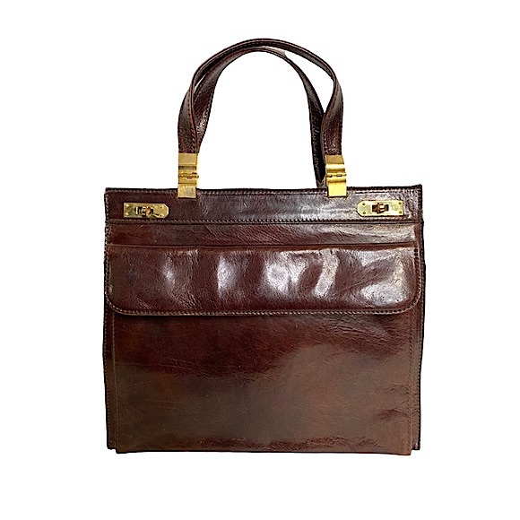 Vintage Handbags - Vintage 70s Satchel Smooth Mohagany Leather Gold Hardware Accordion Turn lock